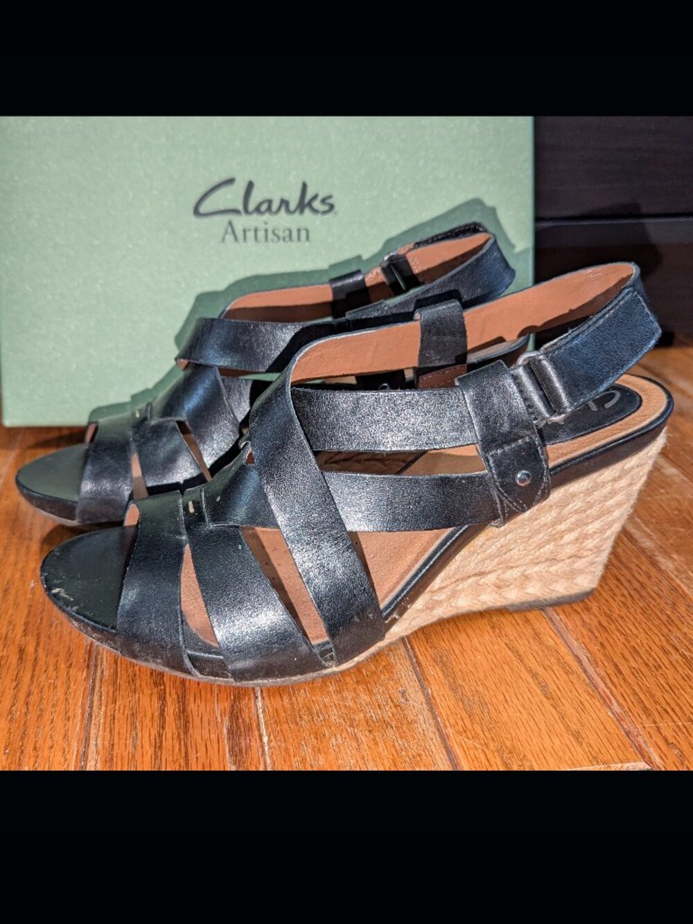 Clarks Artisan Black Leather Wedge Sandals Size 7.5